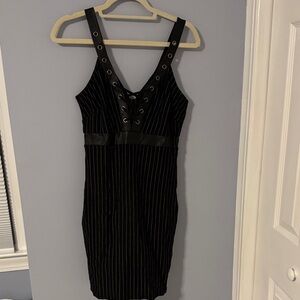 VENUS Black Pinstripe Grommet Detail Mini Dress